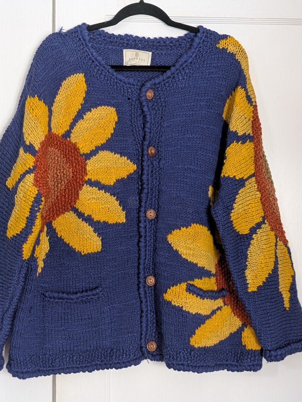 Express Tricot Sunflower 100% Wool Hand Knit Cardigan Sweater Vtg One Size